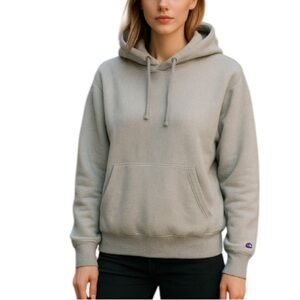 CHAMPION Reverse Weave Hoodie Light Grey Baggy Oversized Ribbed Sides Pocket Sm